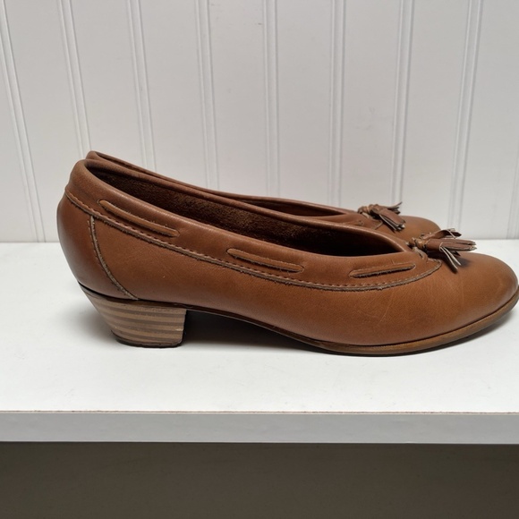 Vintage 90s Y2K Ivy League Leather Tan Brown Stacked Heel W/Tassels Size 8B - Picture 4 of 10